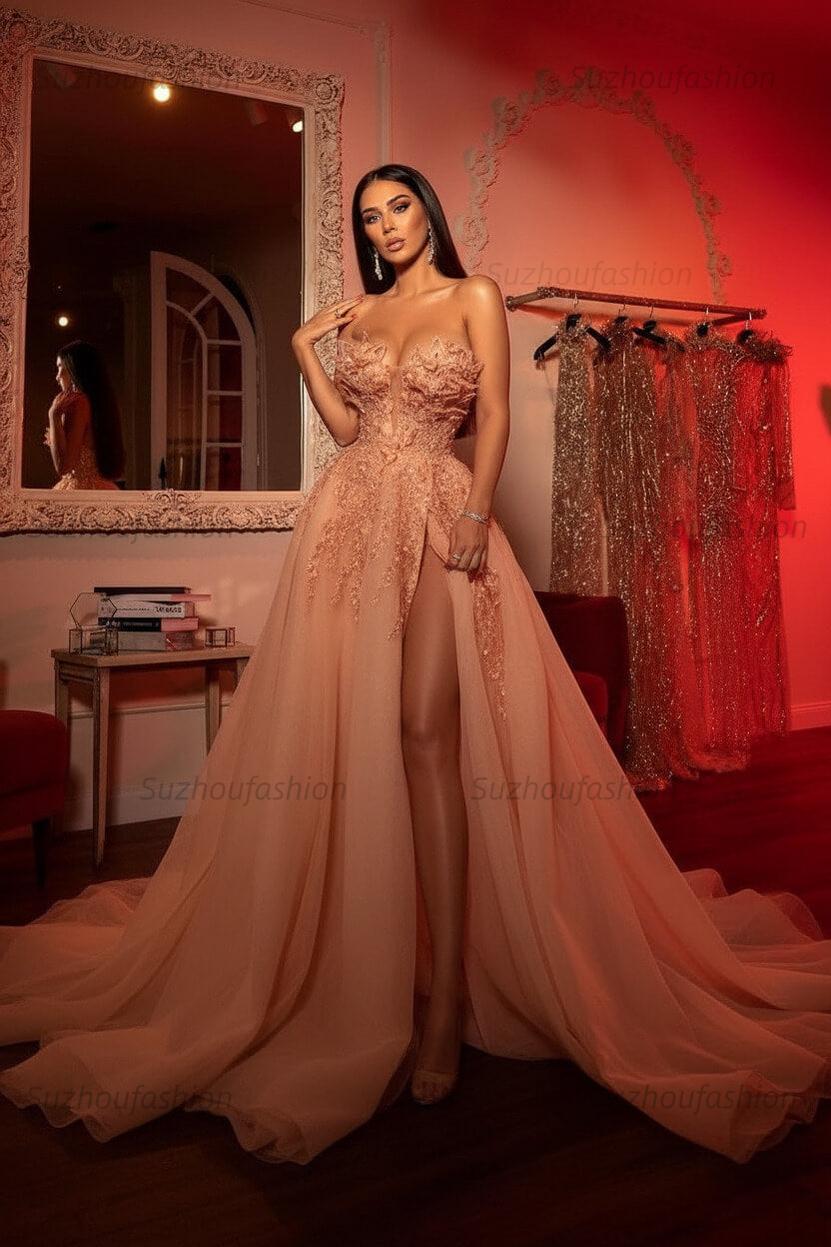 Sweetheart Prom Dress A Line Tulle Long Evening Dress with Sequined Lace Appliques