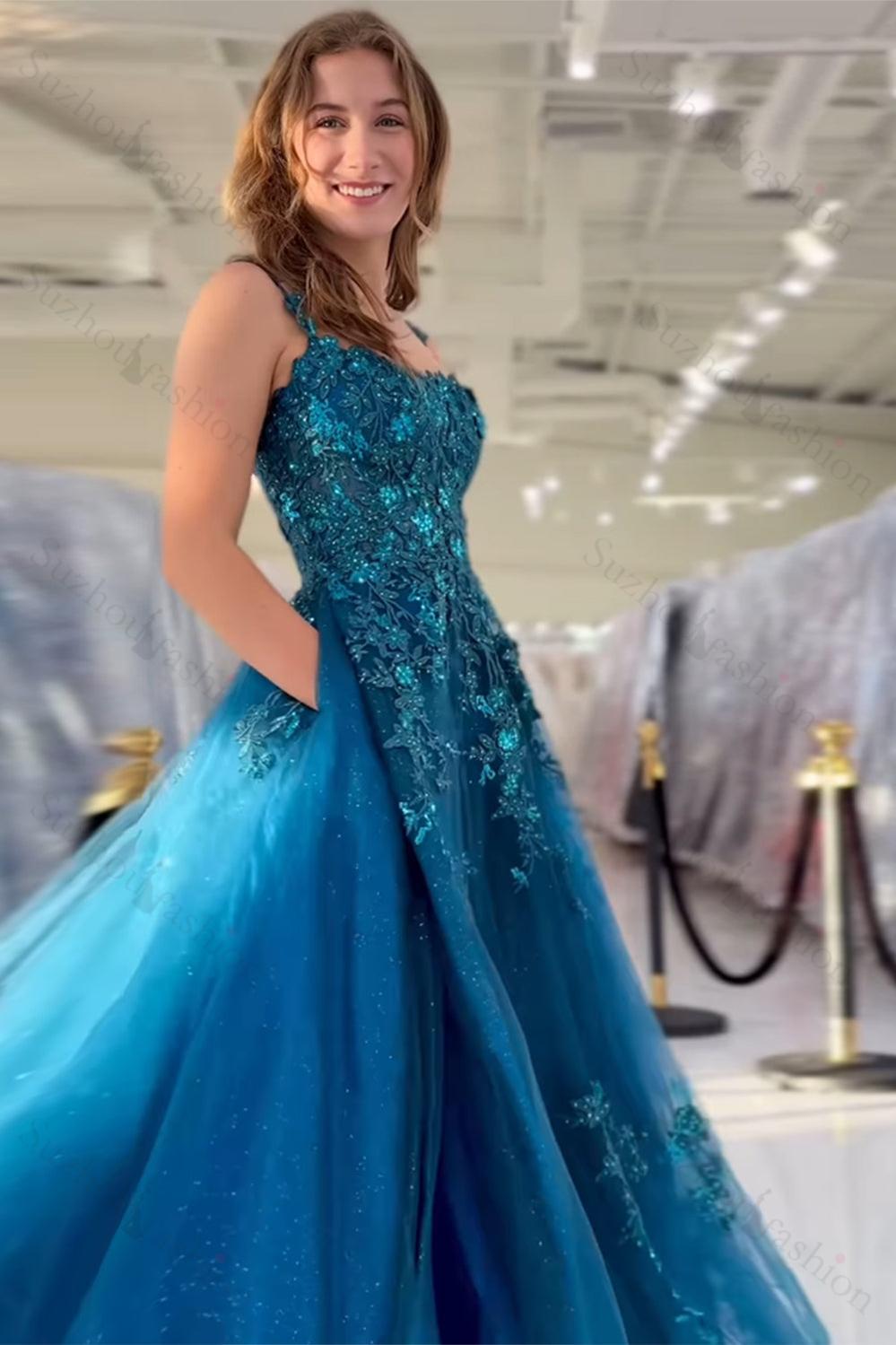 Peacock Blue Prom Dress A Line Appliqued Tulle Long Formal Dress With Slit