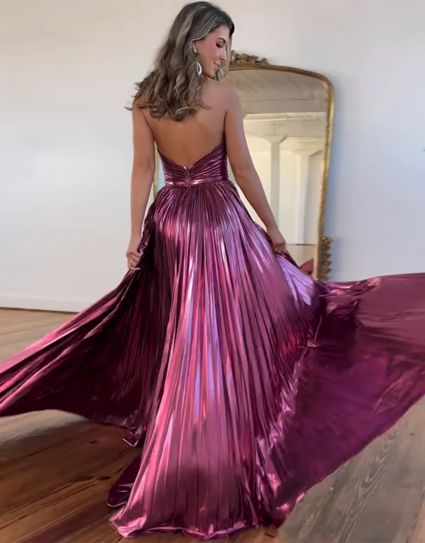 Peacock Blue Halter Neck A-Line Long Metallic Prom Dress With Slit - View 10 | VelvetHem