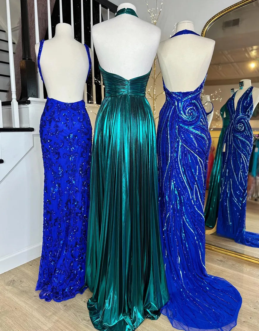 Peacock Blue Halter Neck A-Line Long Metallic Prom Dress With Slit - View 12 | VelvetHem
