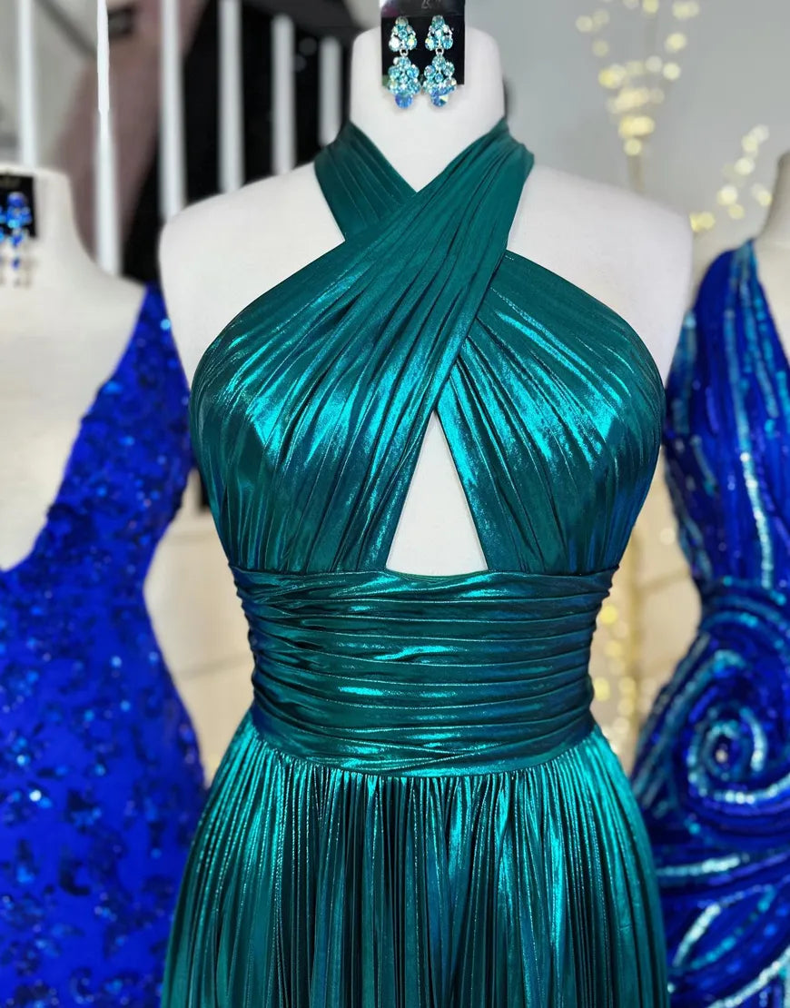 Peacock Blue Halter Neck A-Line Long Metallic Prom Dress With Slit - View 13 | VelvetHem
