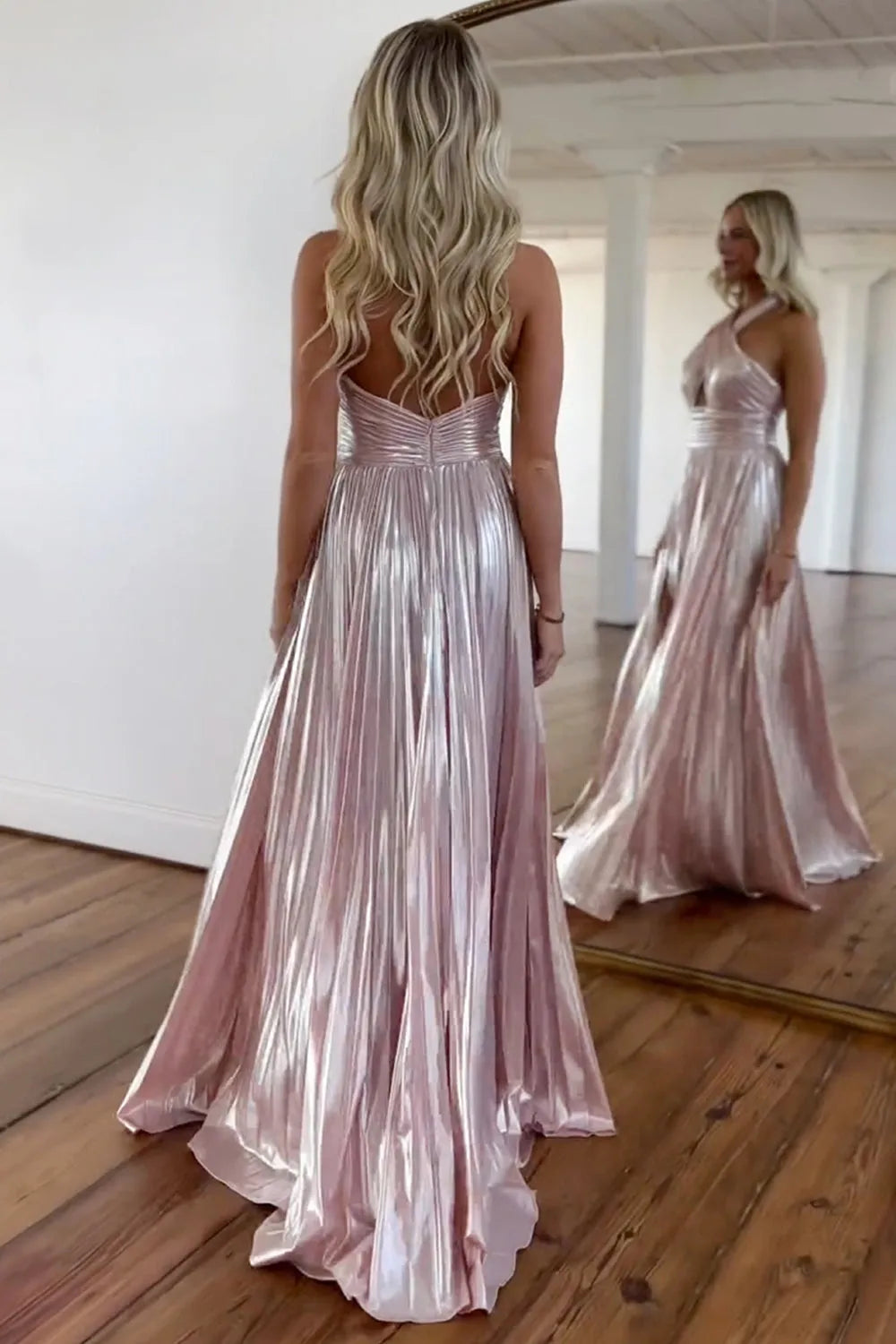 Peacock Blue Halter Neck A-Line Long Metallic Prom Dress With Slit - View 8 | VelvetHem