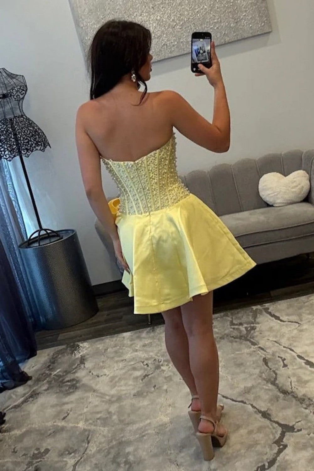 Pretty A Line Strapless Champagne Corset Homecoming Dress with Pearls Bowknot