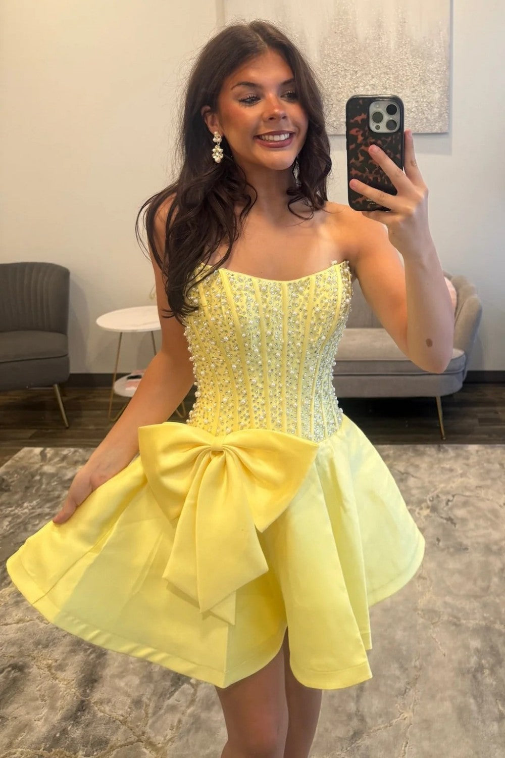 Pretty A Line Strapless Champagne Corset Homecoming Dress with Pearls Bowknot