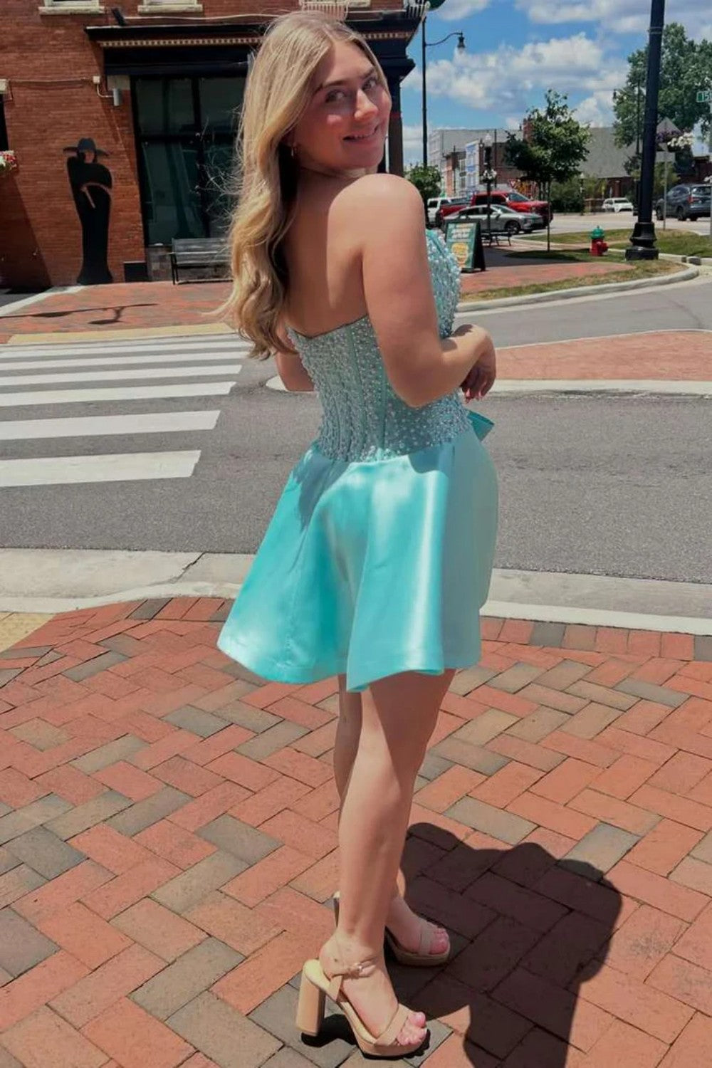 Pretty A Line Strapless Champagne Corset Homecoming Dress with Pearls Bowknot
