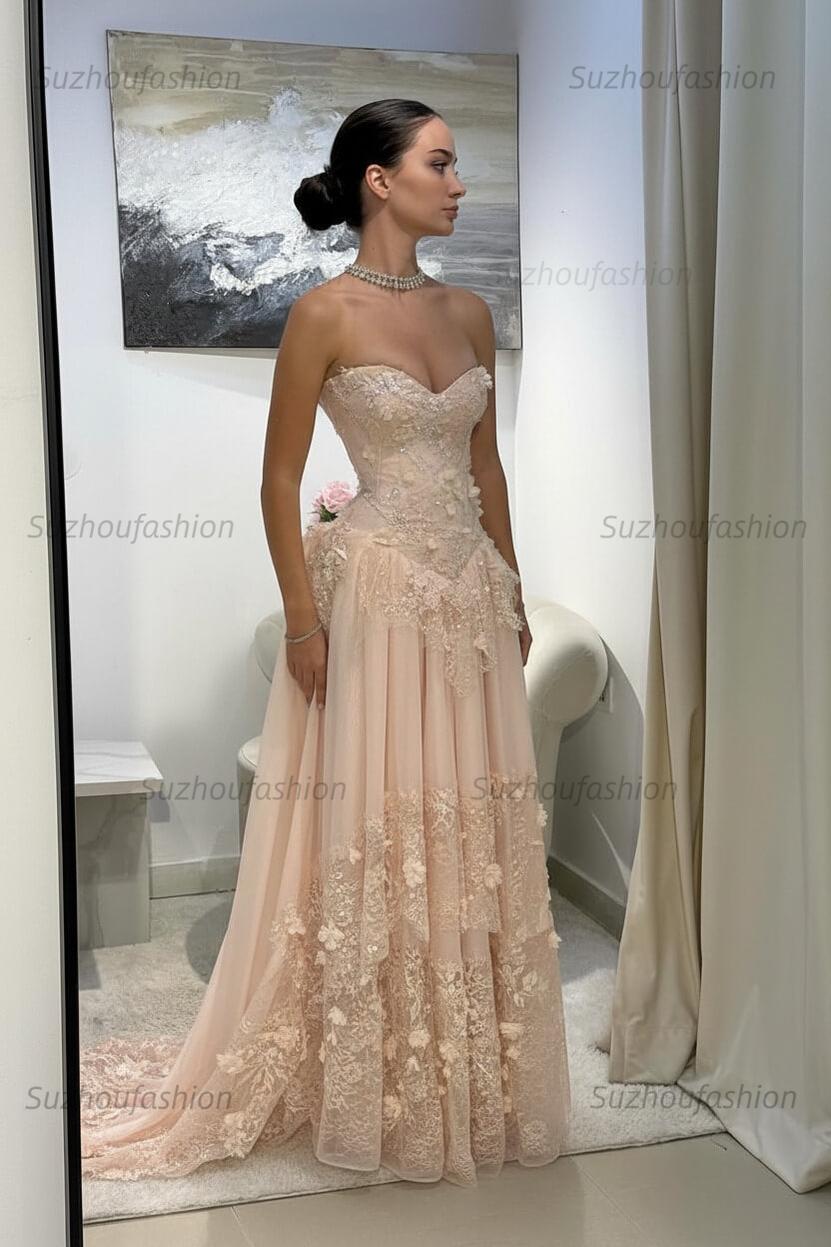 Strapless Sleeveless Long Evening Formal Dress With Pleated Appliques