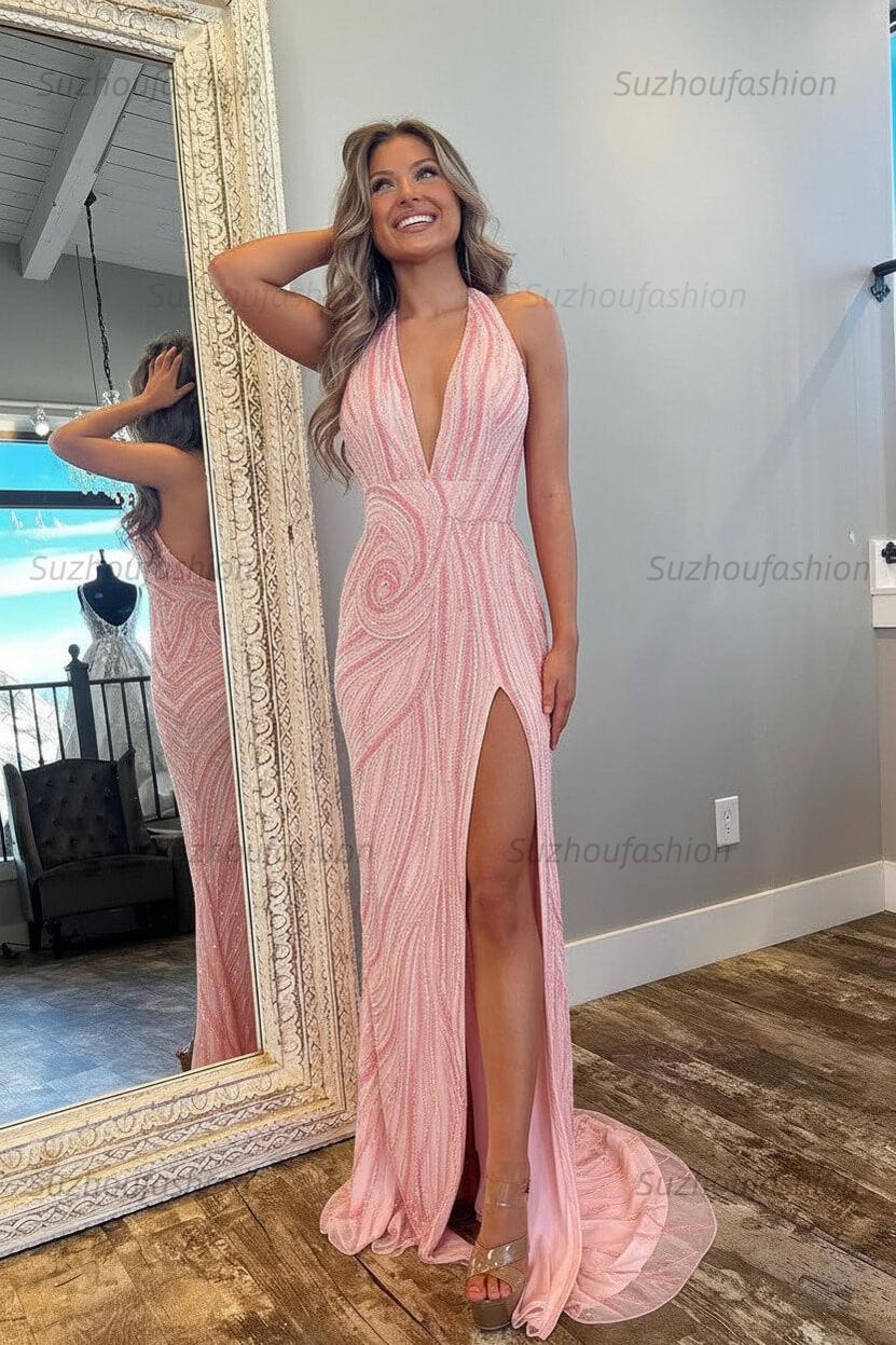 Halter Prom Dress Pink and Orange Mermaid Evening Dress with Slit