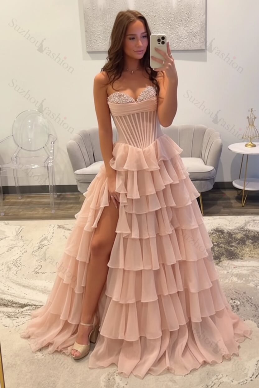 Ruffled Black Prom Dress A Line Corset Long Formal Dress With Beadings