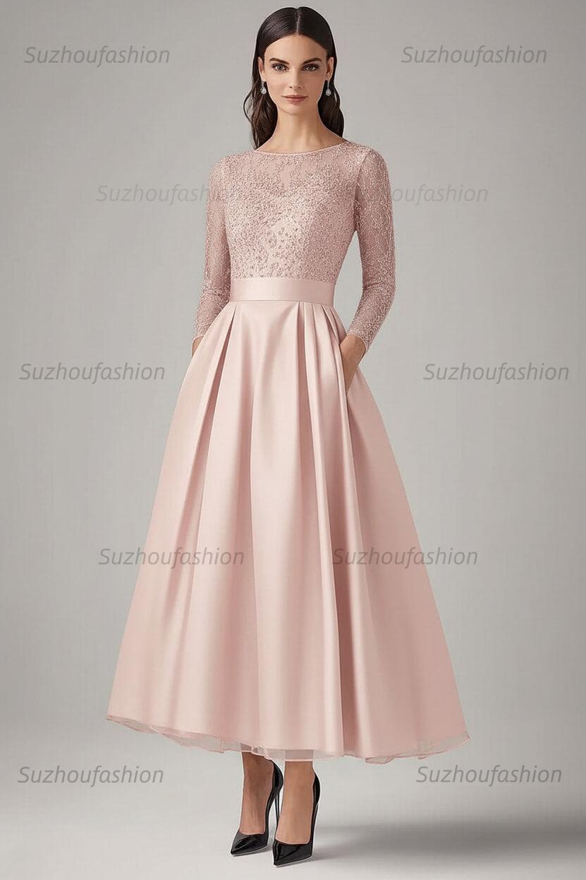 Navy Wedding Guest Dress Beaded A Line Long Sleeves Formal Dress With Lace