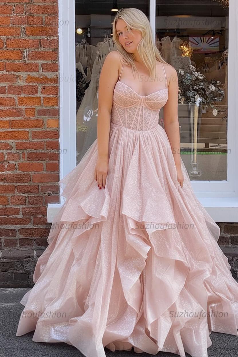 Dark Green A Line Long Corset Prom Dress With Ruffles