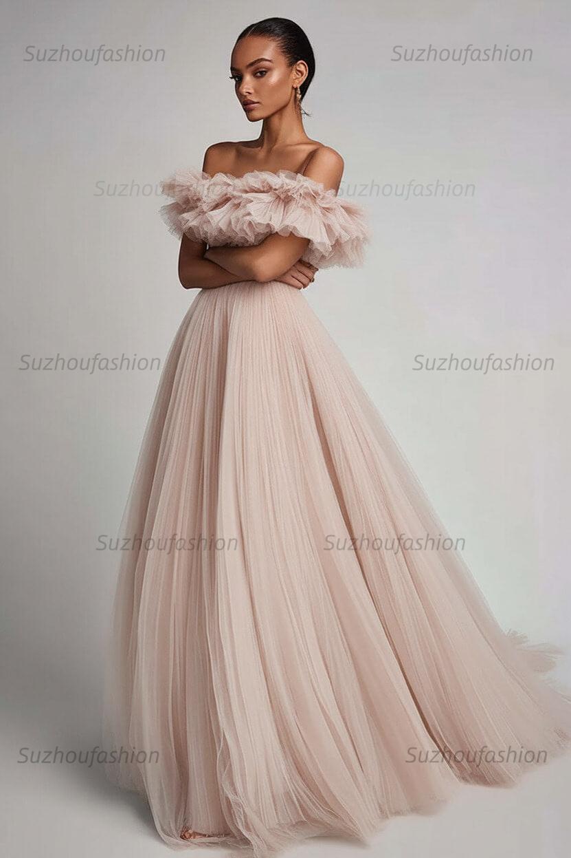 Dusty Sage Prom Dress Tulle A Line Long Formal Dress With Ruffles