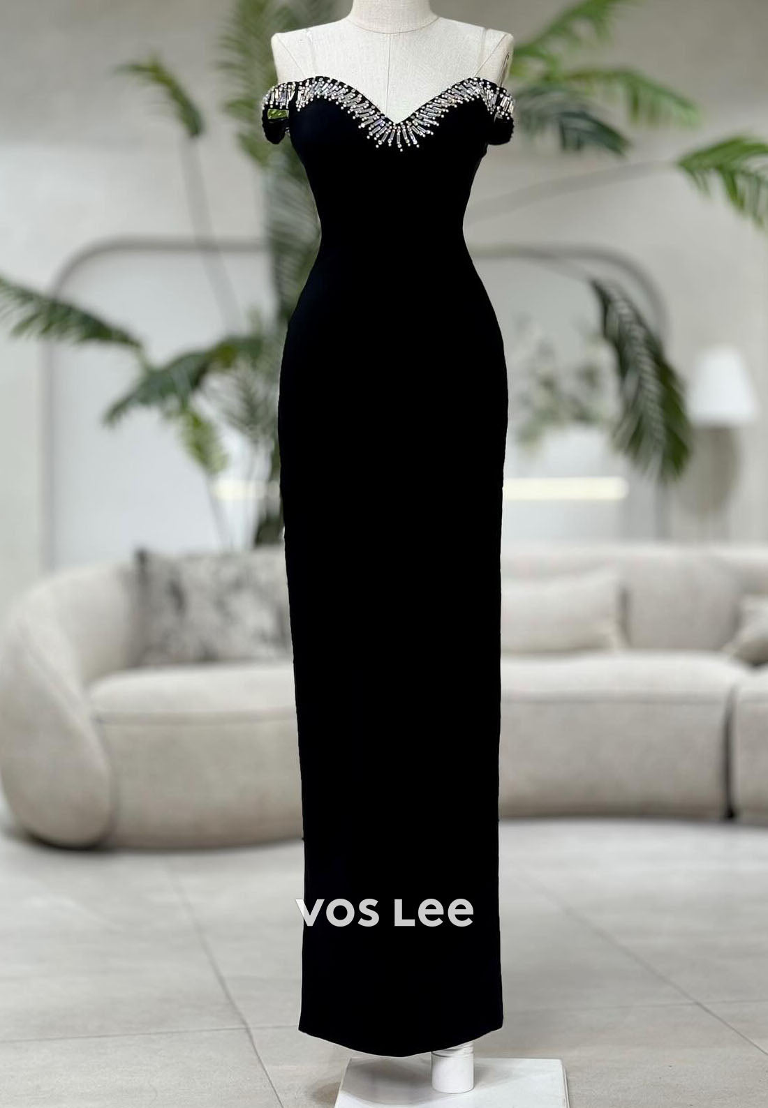 Elegant Black Satin Sheath Sleeveless Prom Gown Ceystals Gown