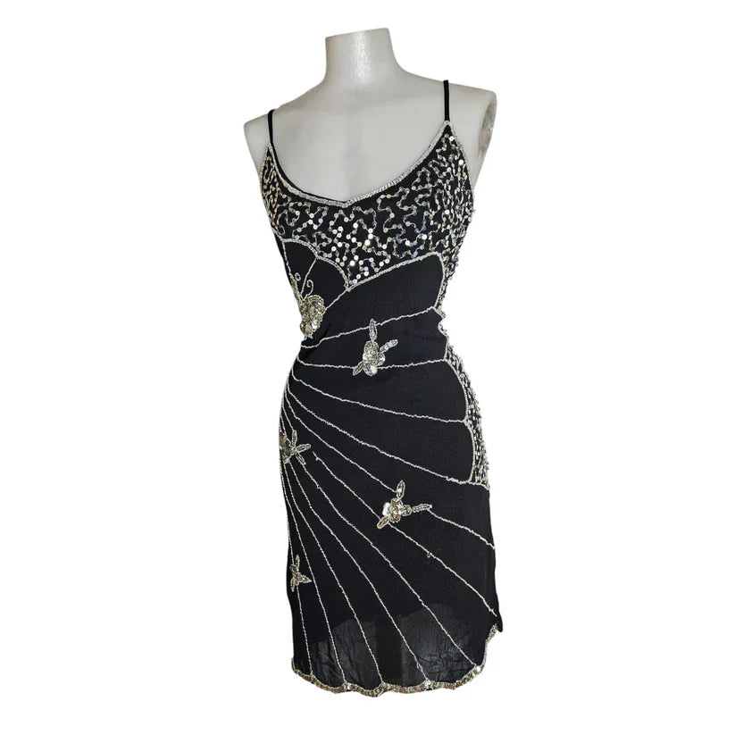 Vintage Black Strapless Butterfly Sequin Birthday Short Skirt Homecoming Dress