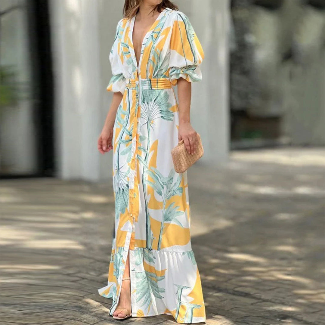 Ona Flower Print Puff Sleeve Button Maxi Dress for Women
