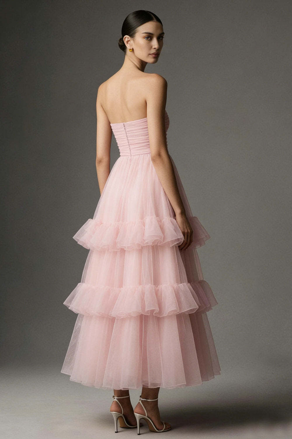 Suzhoufashion Pink A Line Organza Strapless Ruffled Long Prom Dress