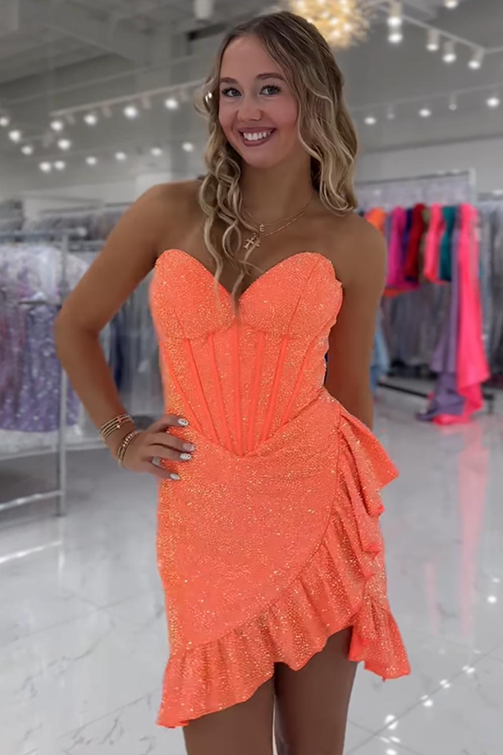 Pink Beaded Homecoming Dresses Corset Ruffled Short Tight Cocktail Dresses