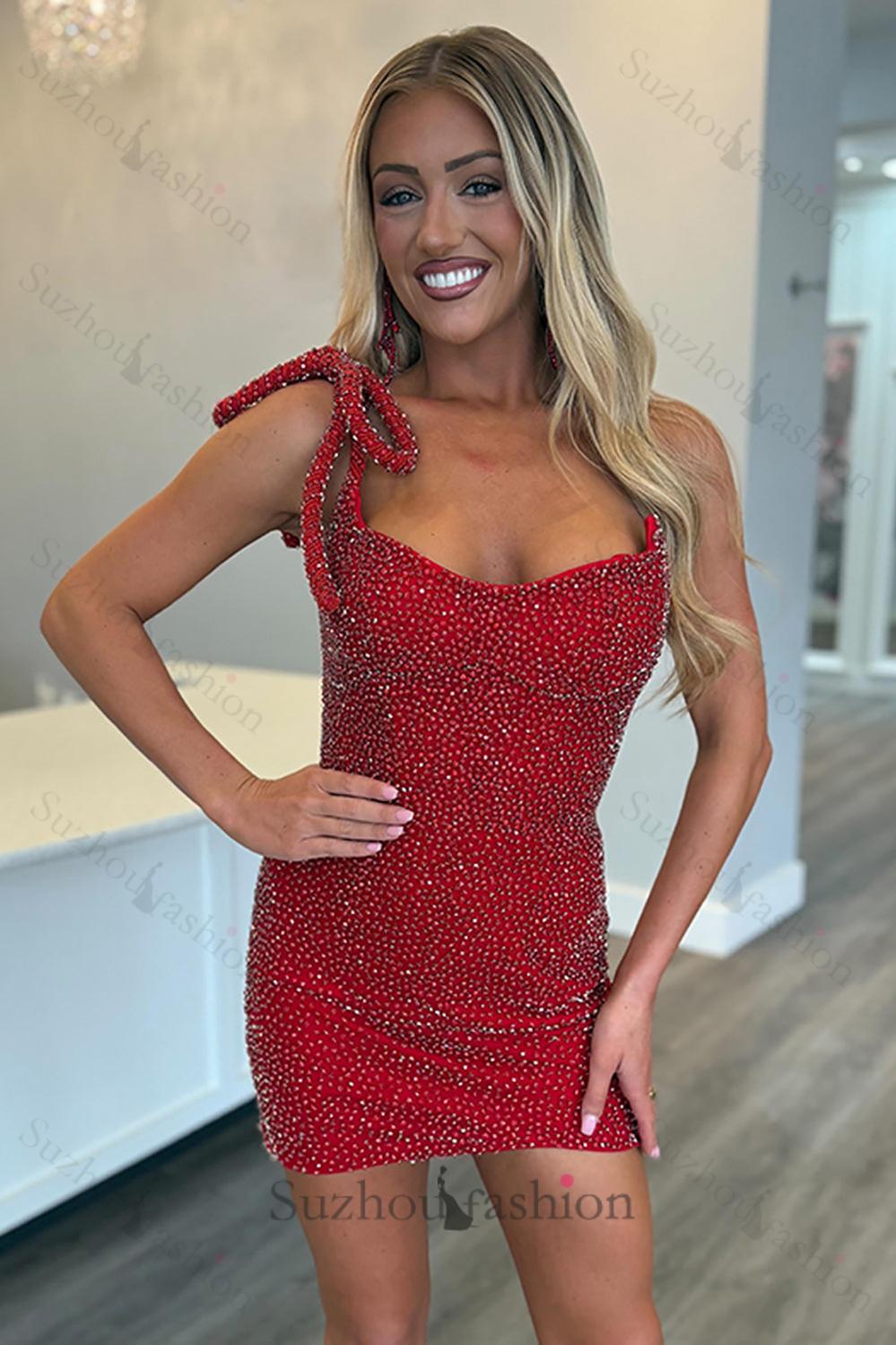 Pink Beaded Tight Homecoming Dresses Short Cocktail Dresses With Bow