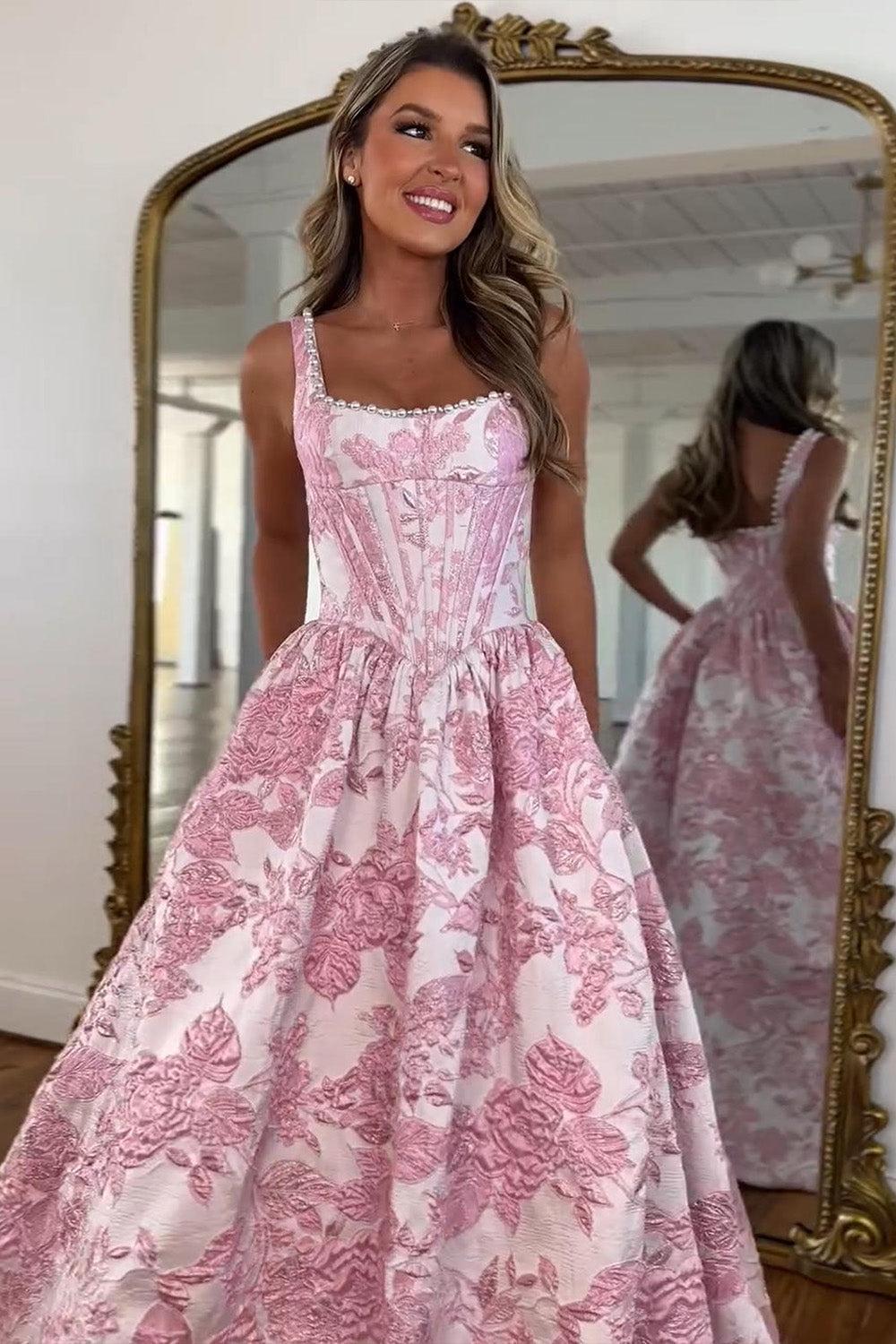 Suzhoufashion Pink Floral Corset Ball Gown Prom Dress With Pearl Beaded Straps Formal Evening Gown