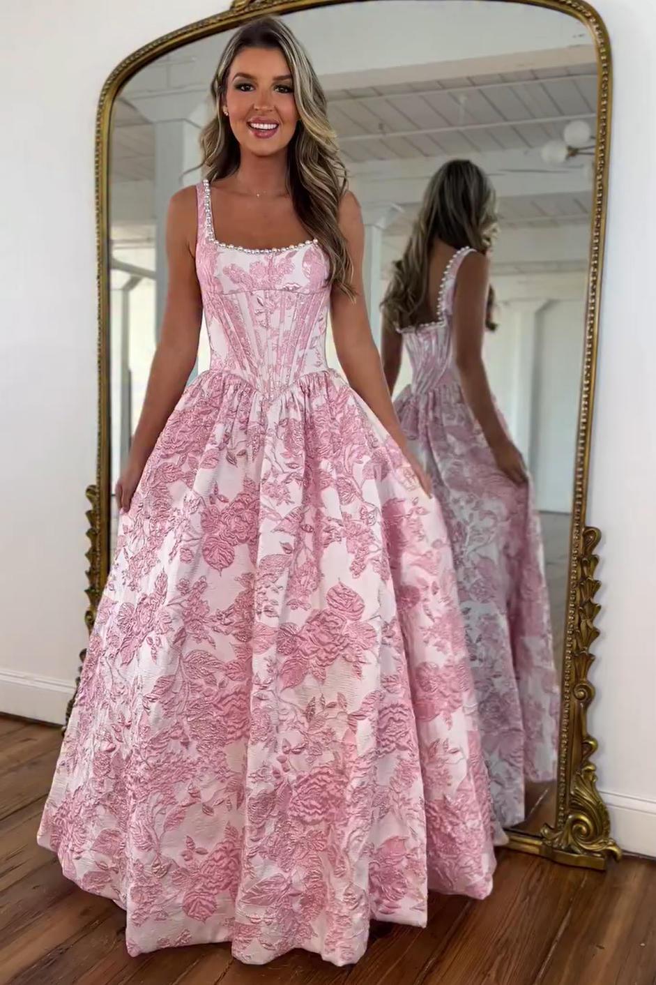 Suzhoufashion Pink Floral Corset Ball Gown Prom Dress With Pearl Beaded Straps Formal Evening Gown