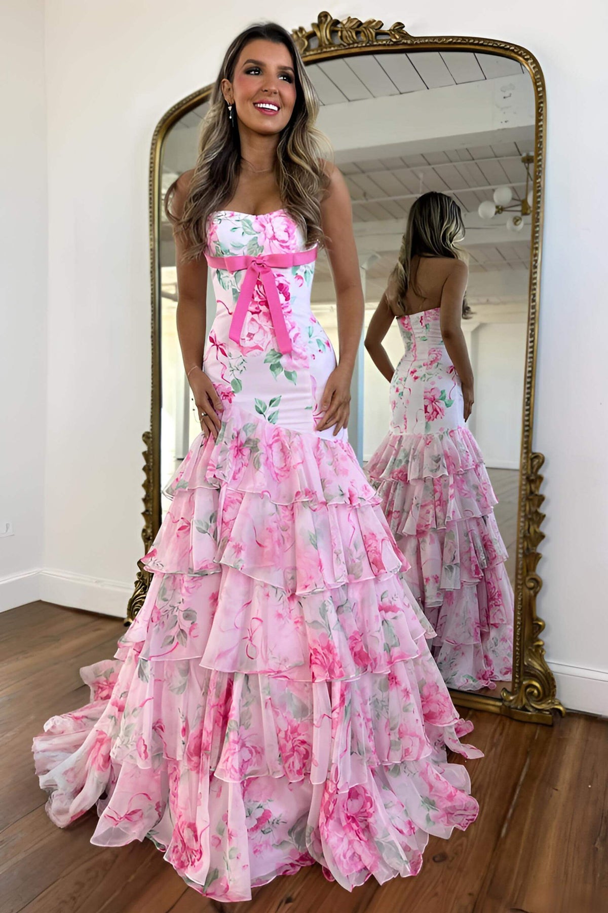 Suzhoufashion Blue Flower Prom Dress Sweetheart Mermaid Ruffled Long Formal Dress With Bow