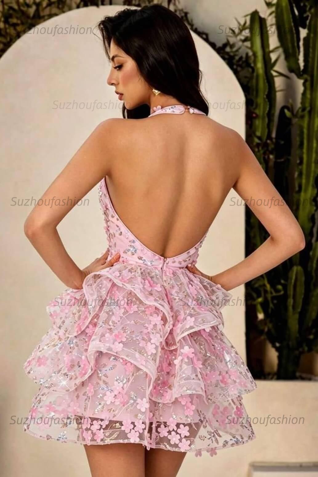 Pink Halter Deep V Corset Mini Homecoming Dress 3D Flowers & Tiered Sequin Tulle