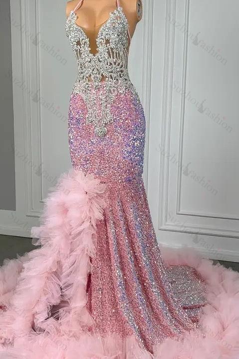 Pink Halter Mermaid Prom Dress Ruffled Sequin Formal Dress with Beadings