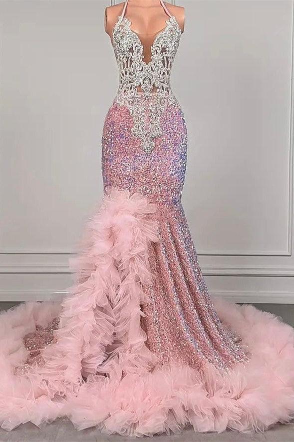 Pink Halter Mermaid Prom Dress Ruffled Sequin Formal Dress with Beadings
