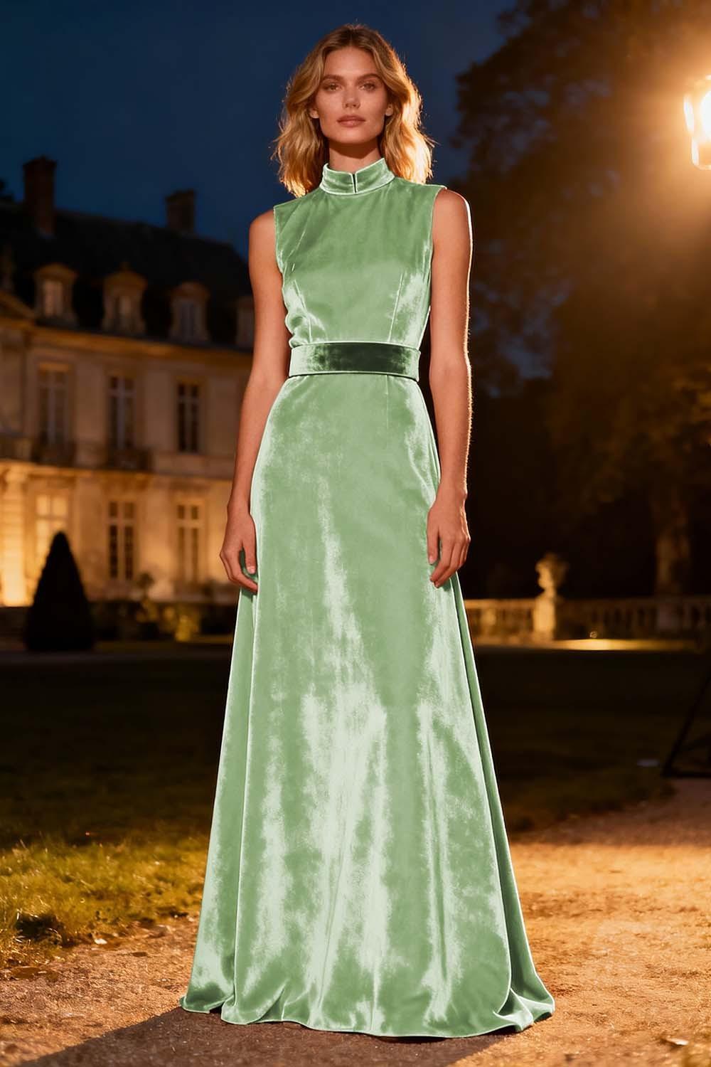 Suzhoufashion Pink High Neck A-Line Long Velvet Holiday Party Dress With Belt