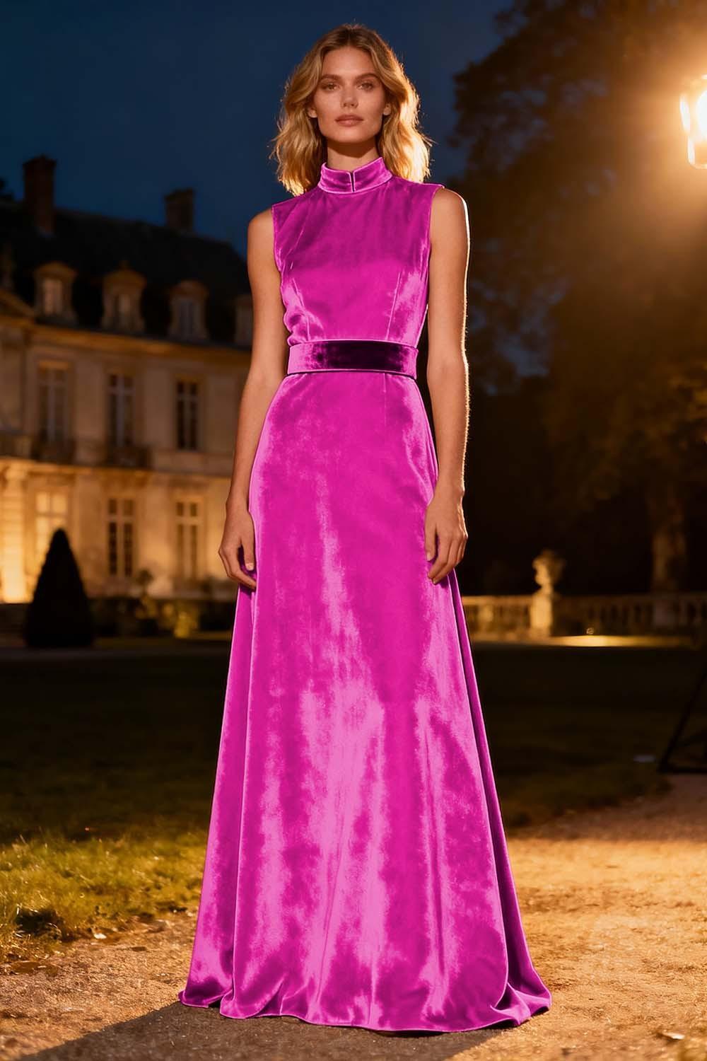 Suzhoufashion Pink High Neck A-Line Long Velvet Holiday Party Dress With Belt