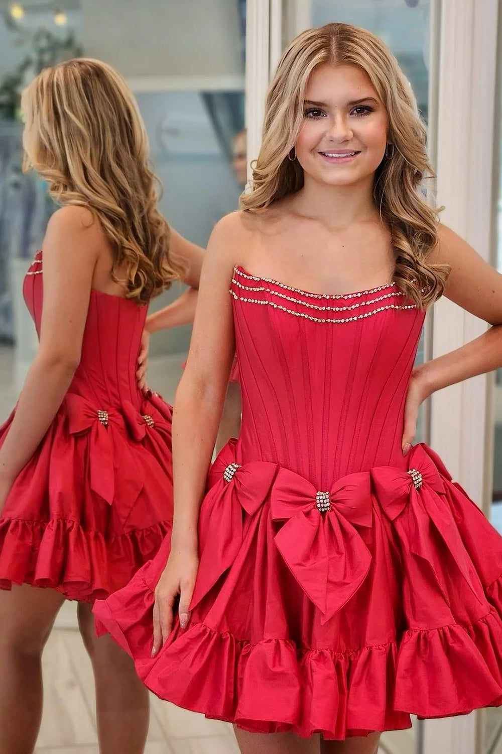 Pink Homecoming Dresses A Line Corset Strapless Short Cocktail Dresses With Bows