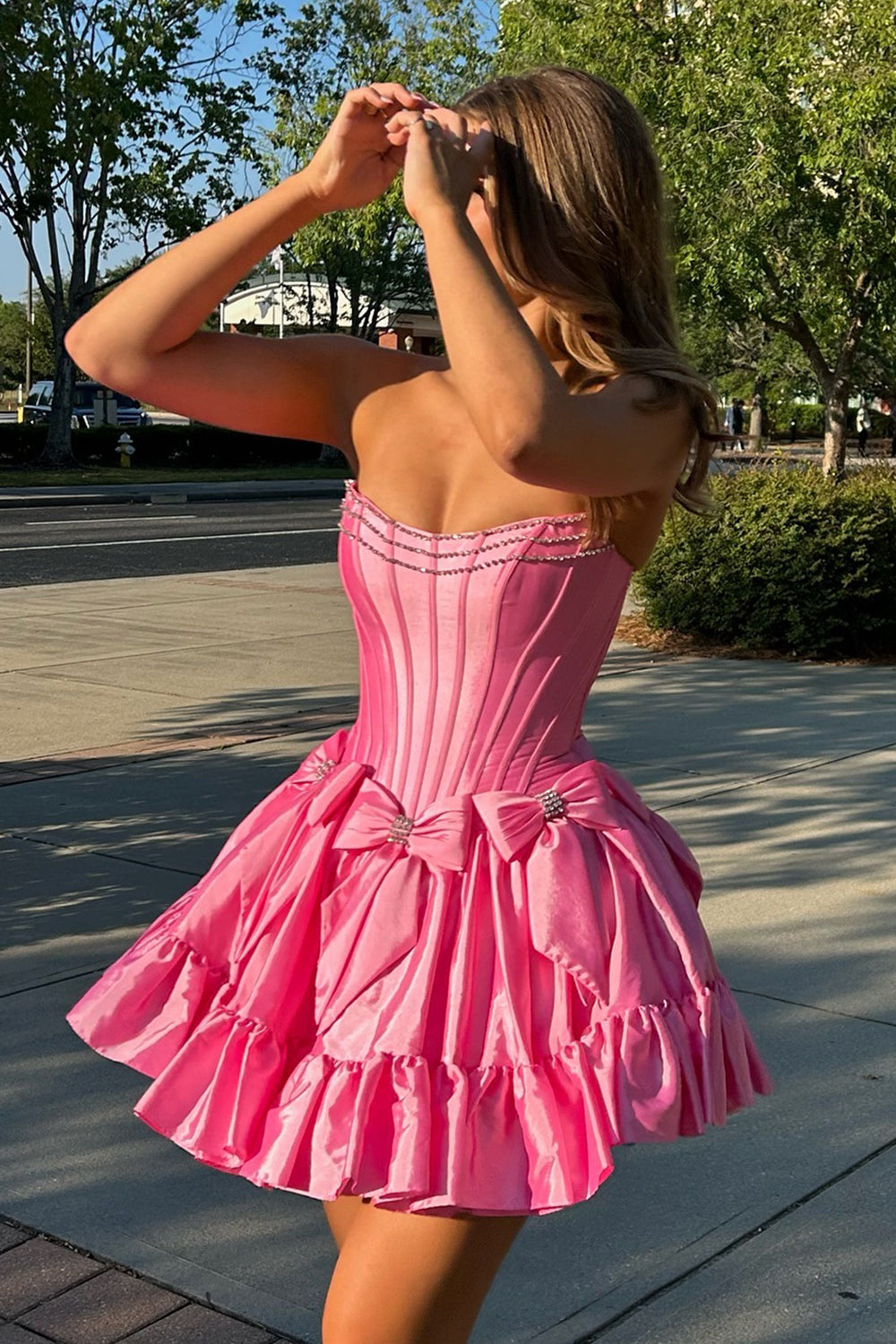 Pink Homecoming Dresses A Line Corset Strapless Short Cocktail Dresses With Bows