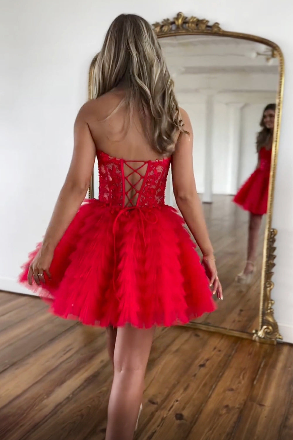 Pink Homecoming Dresses A Line Strapless Tiered Short Cocktail Dresses With Appliques