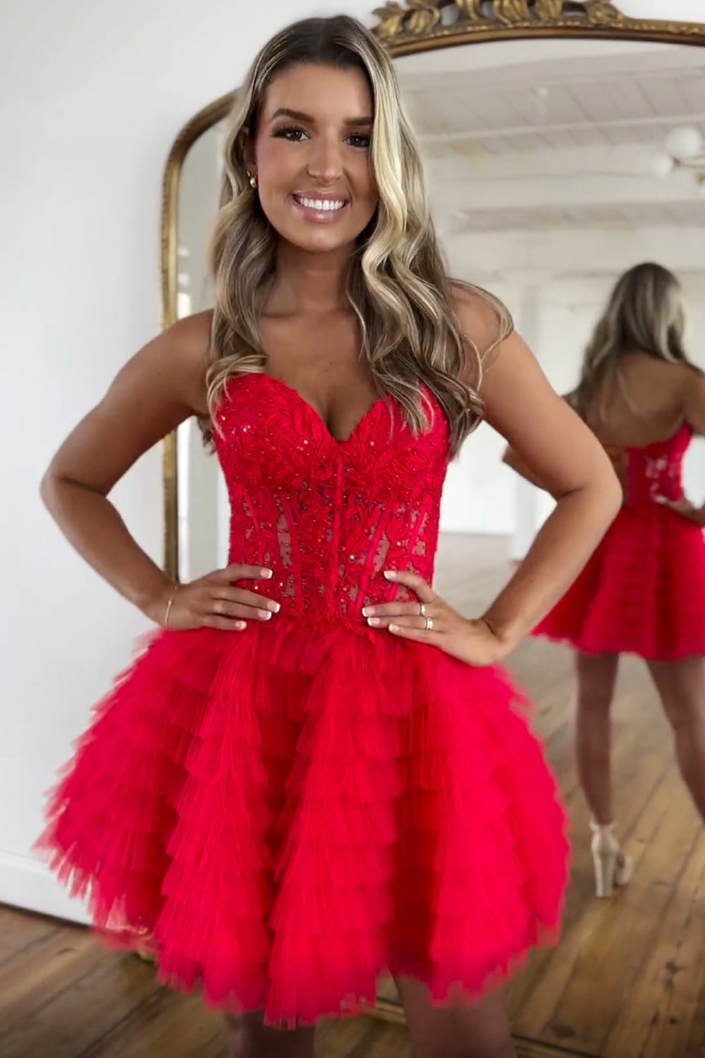 Pink Homecoming Dresses A Line Strapless Tiered Short Cocktail Dresses With Appliques