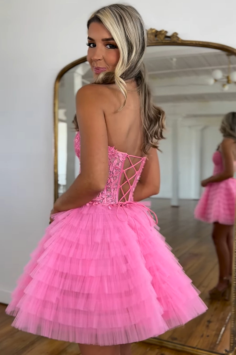 Pink Homecoming Dresses A Line Strapless Tiered Short Cocktail Dresses With Appliques