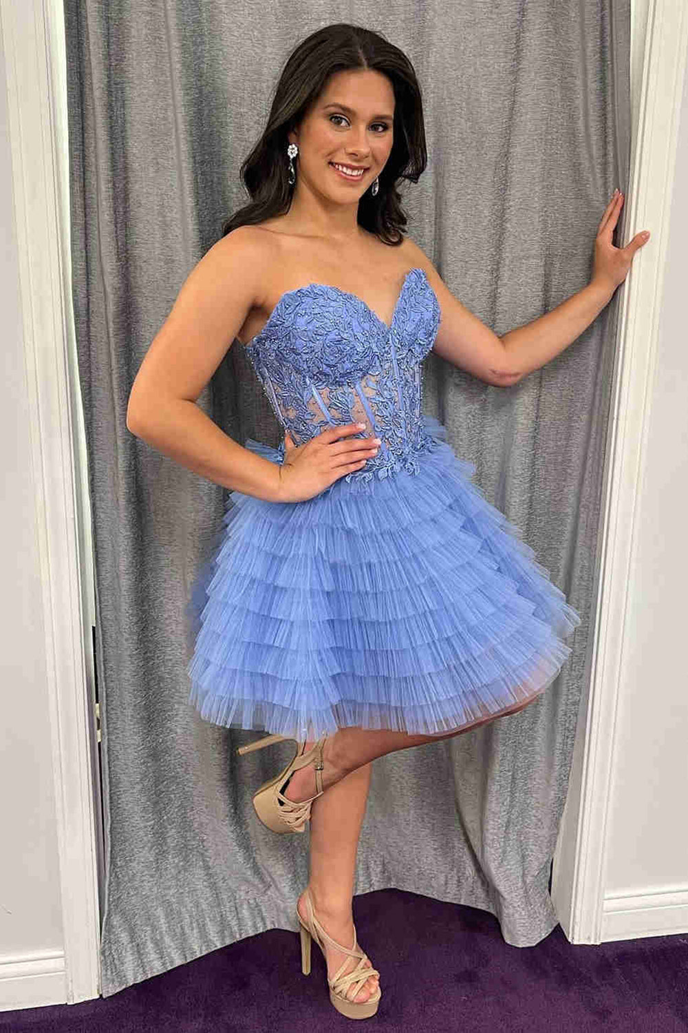 Pink Homecoming Dresses A Line Strapless Tiered Short Cocktail Dresses With Appliques