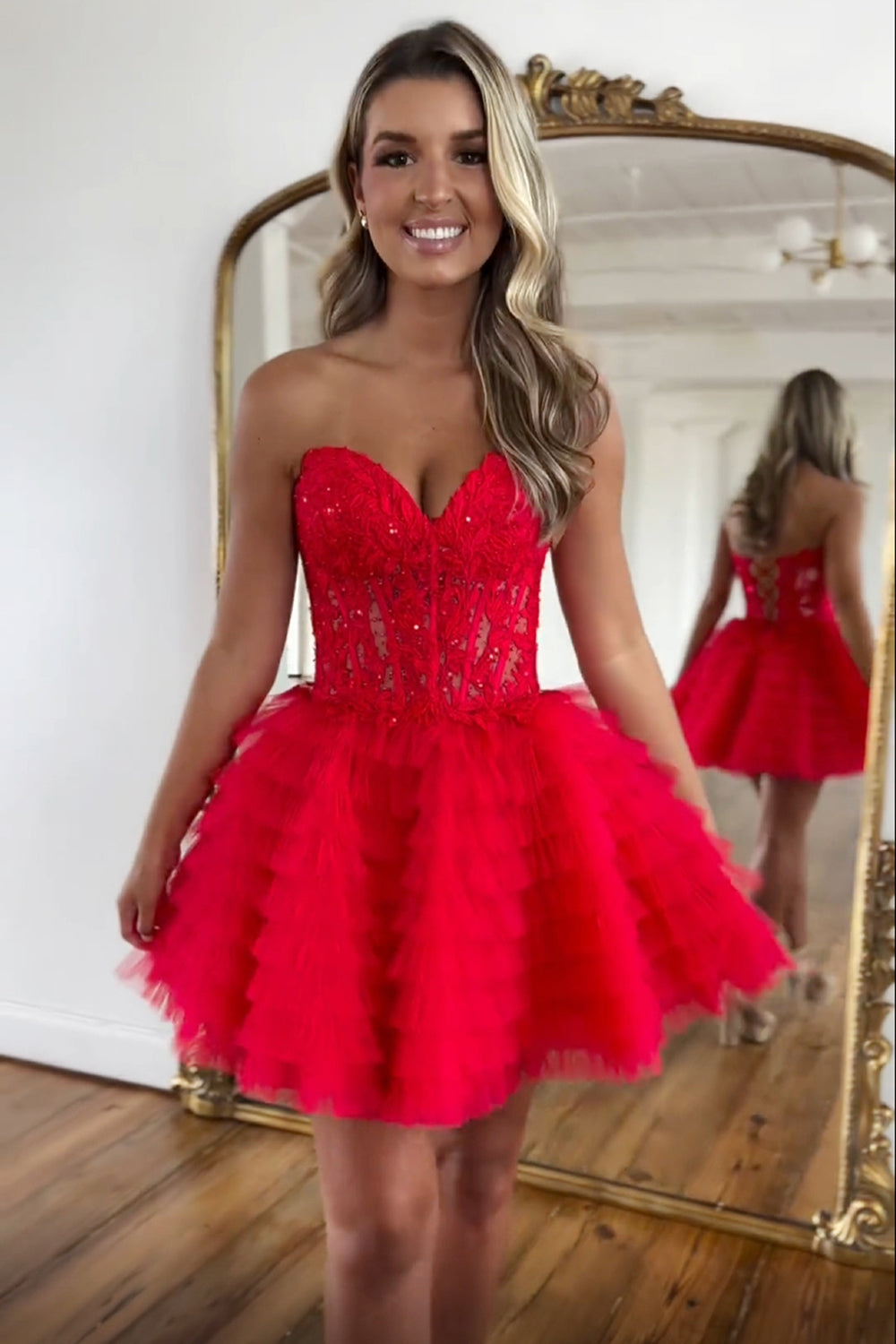 Pink Homecoming Dresses A Line Strapless Tiered Short Cocktail Dresses With Appliques