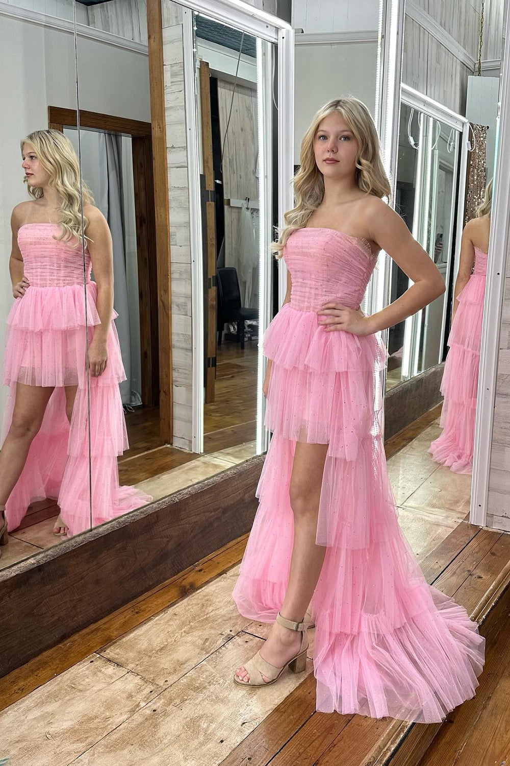 Pink Homecoming Dresses Corset Strapless A-Line High Low Short Cocktail Dresses with Ruffles