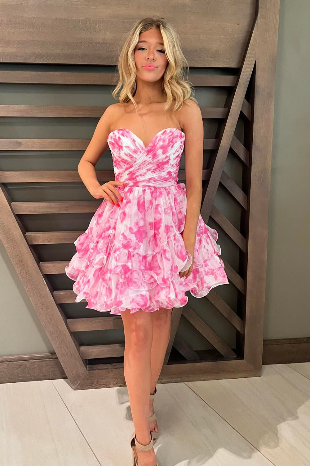 Pink Homecoming Dresses Floral A Line Tiered Short Cocktail Dresses