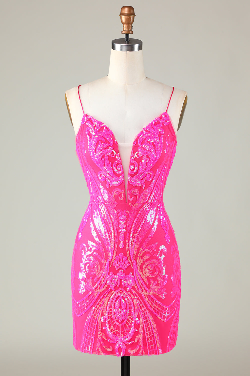 Pink Homecoming Dresses Spaghetti Straps Backless Tight Sequin Short Cocktail Dresses