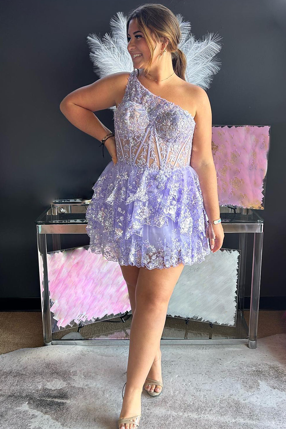 Pink Homecoming Dresses Tiered Lace One Shoulder Short Cocktail Dresses