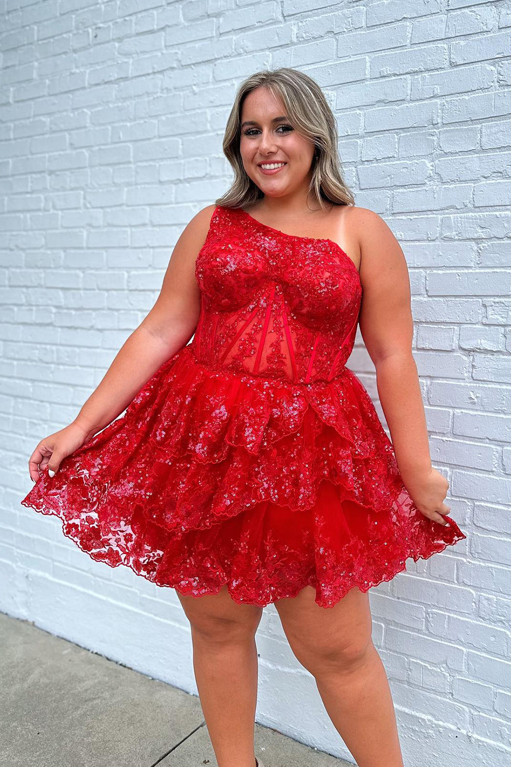 Pink Homecoming Dresses Tiered Lace One Shoulder Short Cocktail Dresses