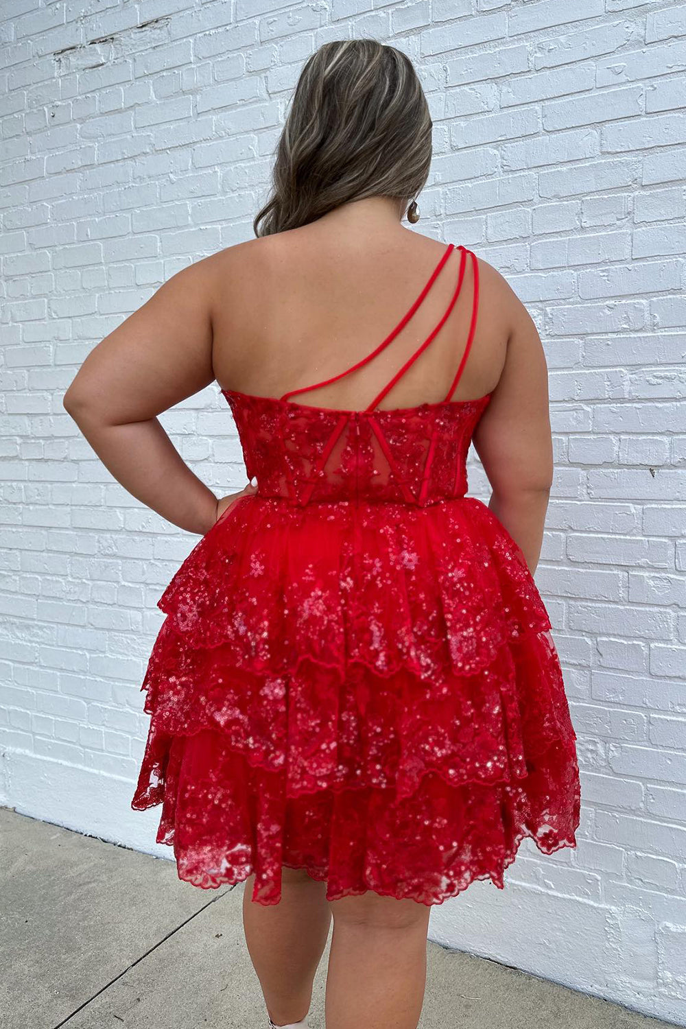 Pink Homecoming Dresses Tiered Lace One Shoulder Short Cocktail Dresses