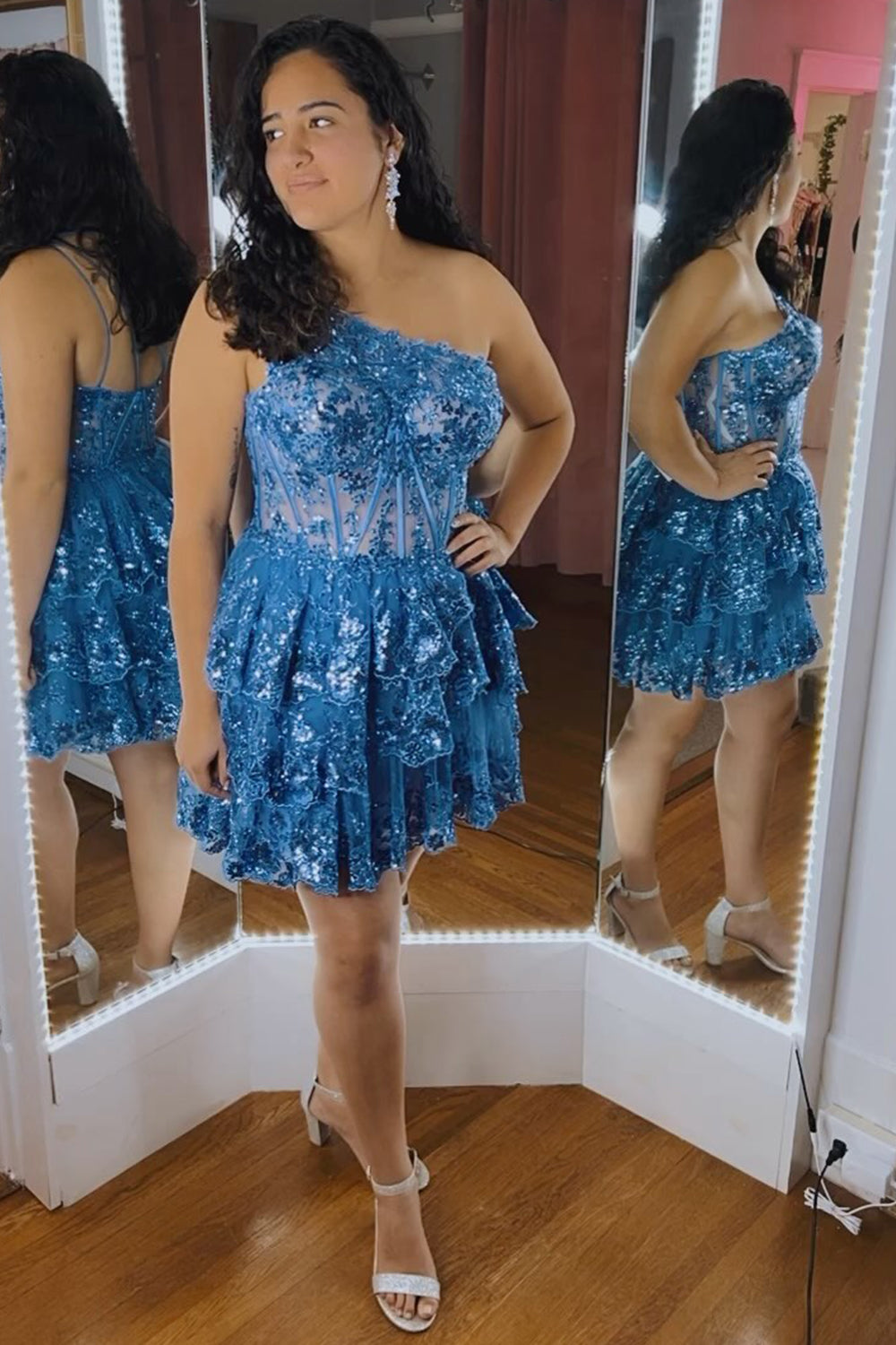 Pink Homecoming Dresses Tiered Lace One Shoulder Short Cocktail Dresses