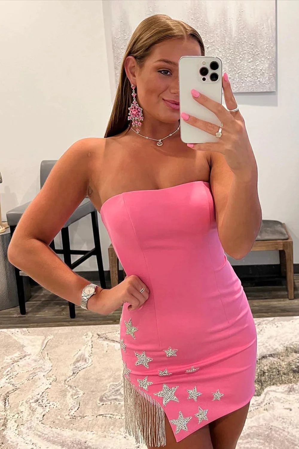 Pink Homecoming Dresses Tight Prom Dress with Star and Fringes