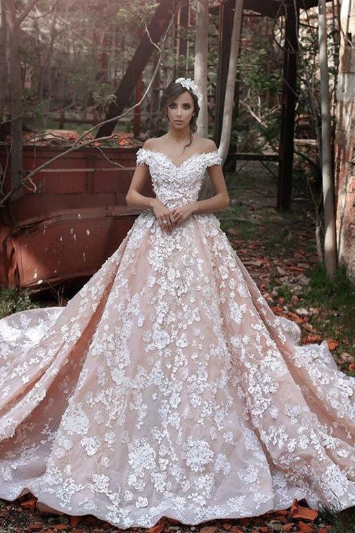 Pink Lace Applique Long Bridal Gown New Off the Shoulder Chapel Train Wedding Dresses BA3863