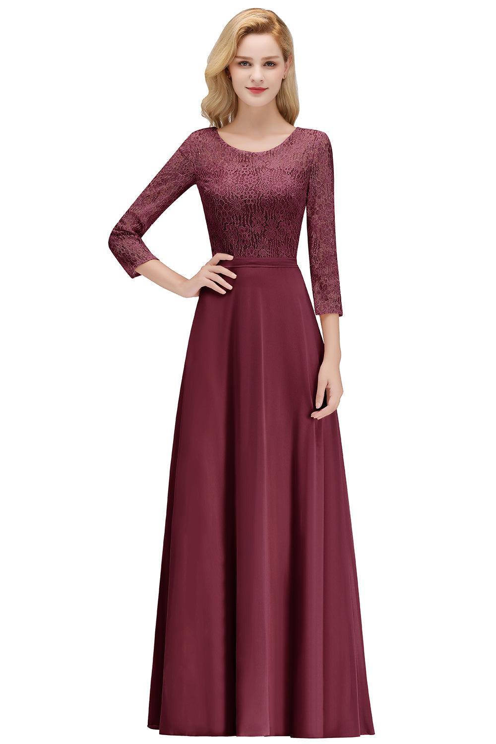 Pink Lace Long Evening Dresses with Sleeves |  A-Line Scoop Bridesmaid Dresses