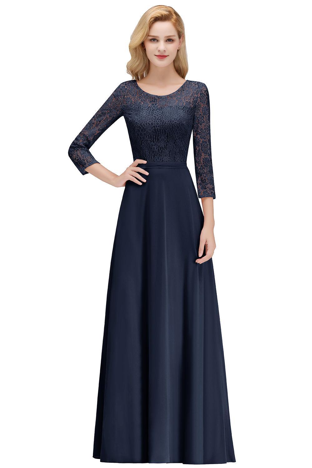 Pink Lace Long Evening Dresses with Sleeves |  A-Line Scoop Bridesmaid Dresses