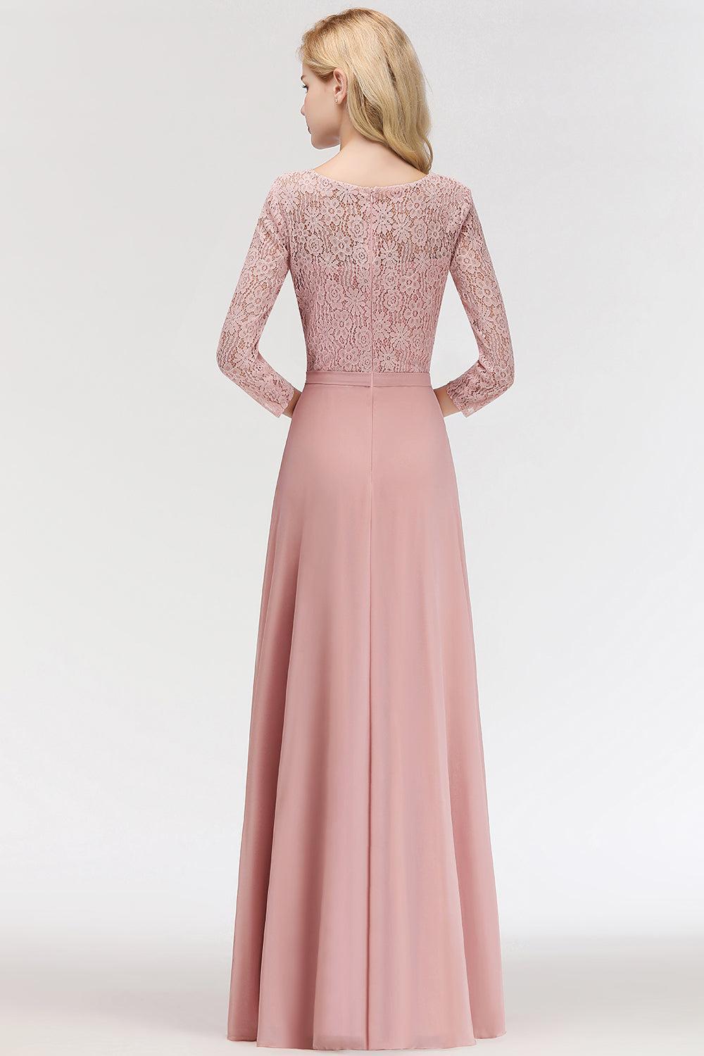 Pink Lace Long Evening Dresses with Sleeves |  A-Line Scoop Bridesmaid Dresses