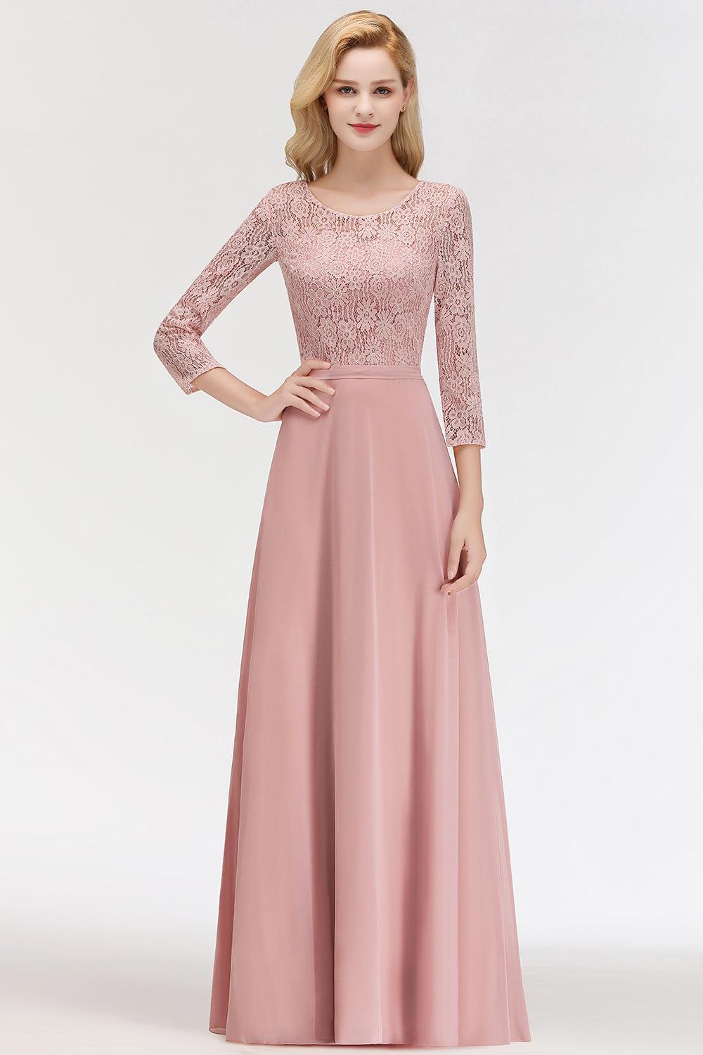Pink Lace Long Evening Dresses with Sleeves |  A-Line Scoop Bridesmaid Dresses