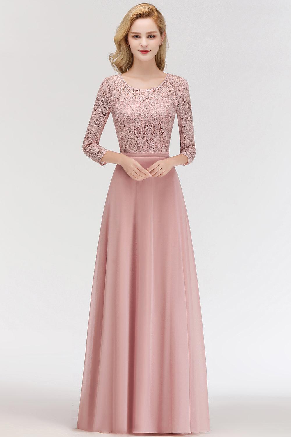 Pink Lace Long Evening Dresses with Sleeves |  A-Line Scoop Bridesmaid Dresses